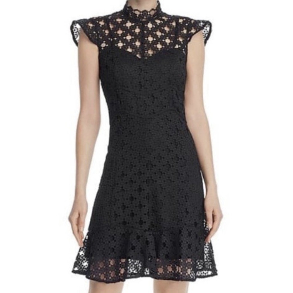 Bardot Black Lace Dress US 4 XS High Neck Cap Sleeve Fit Flare NWT - Picture 1 of 11